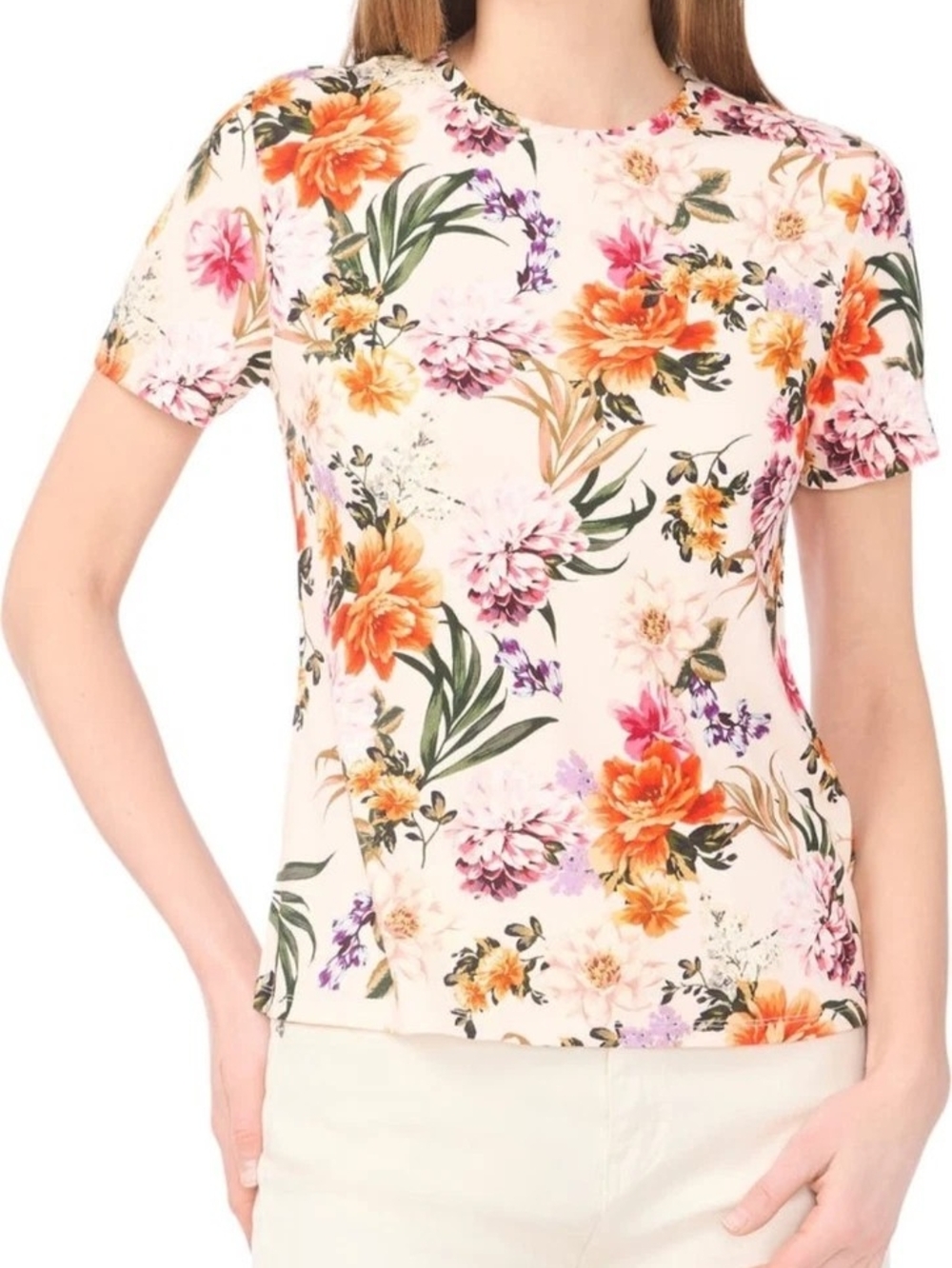 Ted Baker Cream Floral Short Sleeve Crewneck Top with Orange & Pink Blooms Size